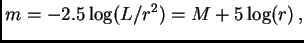 $\displaystyle m=-2.5\log(L/r^2)=M+5\log(r) ,$