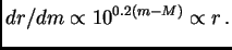 $\displaystyle dr/dm\propto 10^{0.2(m-M)}\propto r .$